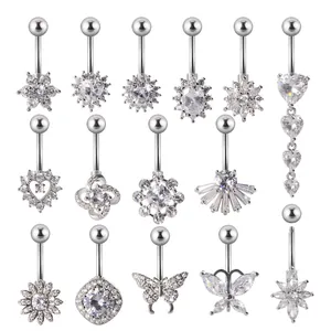 Piercing de Ombligo de Acero Inoxidable Incrustado con Circonia Corazón Flor Mariposa Joyería de Piercing para Mujer