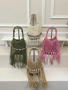 Hand-woven macrame bucket bag with fringe and bead detailing in four summer colors