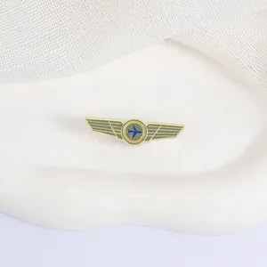 Detailansicht einer Vintage-Metallbrosche in Pilotenflügelform mit blauem Flugzeug-Icon.
