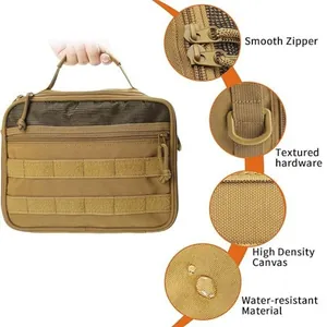 Detail view of khaki tactical toiletry bag showing waterproof fabric and smooth zippers