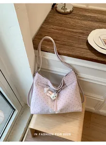 Large capacity pink polka dot tote bag with cute rabbit charm detail for women