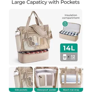 14L double-layer insulated beach mesh bag with picnic cooler compartment and mat strap