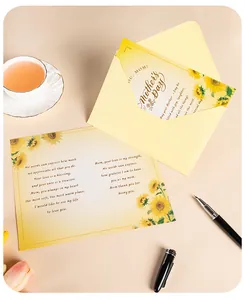 Sunflower Mother's Day greeting card detail with heart-touching English messages and envelope.