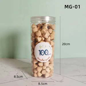 Detailed view of 100pcs unfinished Schima superba wooden mushroom DIY kit in a jar