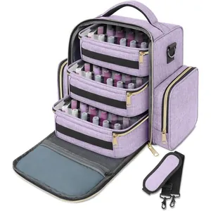 Vue détaillée de l'organisateur violet à 3 niveaux montrant le stockage des vernis.