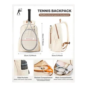 Detailed view of water-resistant tennis backpack with dimensions and storage compartments