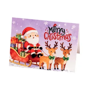 Festive Christmas greeting card featuring cute Santa Claus and reindeer illustrations