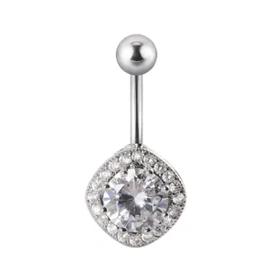 Piercing para el ombligo de acero inoxidable plateado con circón redondo y halo