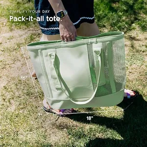 Pale green waterproof mesh tote bag with 18x16x7 inch size dimensions display view