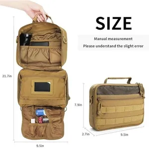 Large tactical hanging toiletry bag with dimensions shown in open and closed positions