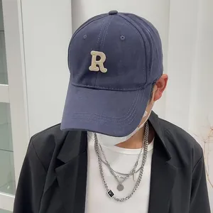 Minimalist deep-fit navy blue brushed cotton baseball cap with embroidered letter R