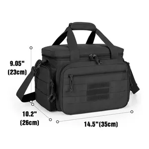 Professional black tactical shooting gear bag with MOLLE system and size dimensions