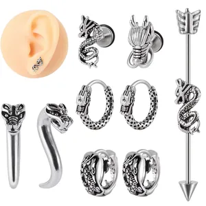 Boucles d'Oreilles Dragon en Acier Inoxydable Argent Antique Gravées Punk Gothique Griffe de Dragon Manchette d'Oreille Bijoux