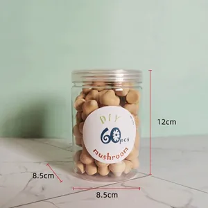 Detail view of 60pcs unfinished wooden mushroom DIY craft kit in a clear storage jar