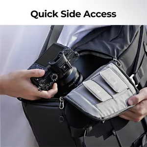 Close-up detail of professional photography backpack with quick side access feature