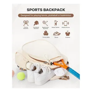 Close-up showing internal capacity of the beige tennis backpack with sports gear.