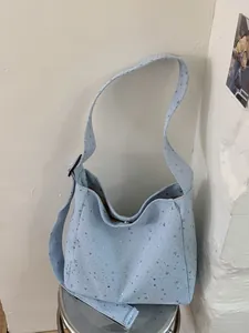 Large capacity light blue canvas shoulder bag with shiny silver sequin star patterns