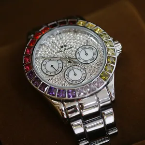 Luxury silver stainless steel women's watch with rainbow gemstone bezel and full diamond dial