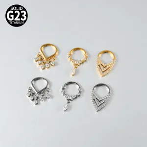 Set of G23 titanium septum rings with tassels and zircon in gold and silver finishes