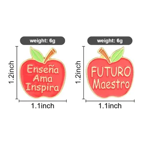 Detailed size guide for red apple enamel pins with Spanish teacher theme