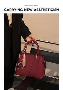 Red large capacity handbag tote bag with scarf decoration for women stylish daily use.