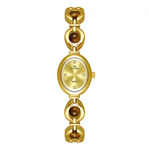 Elegante reloj de pulsera Bee Sister dorado con piedras naturales ojo de tigre y cuarzo