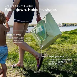 Detailed view of a light green mesh tote bag with a waterproof base in an outdoor setting