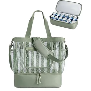 Double-layer insulated picnic bag with mesh tote and cooler compartment