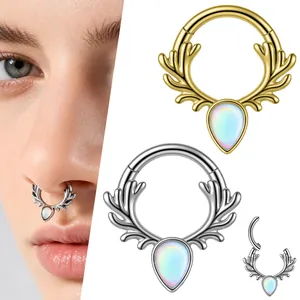316 Stainless Steel Antler Septum Clicker Ring Fashion White Teardrop Drip Oil Nose Ring Piercing Jewelry For Women Gold Silver