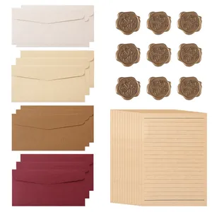 Vintage linen texture stationery set with envelopes, letter paper, and wax seal stickers.