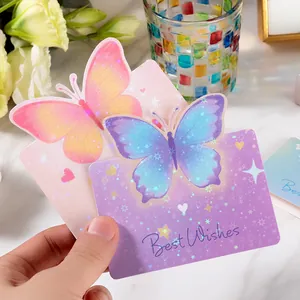 Elegante tarjeta de felicitación mariposa 3D con texto holográfico Best Wishes y tonos Morandi