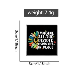 Detailed spec view of a square sunflower peace brooch badge showing 3x3cm size and 7.4g weight