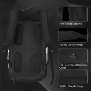 Detail showing airmesh back padding and padded straps on this black sports backpack