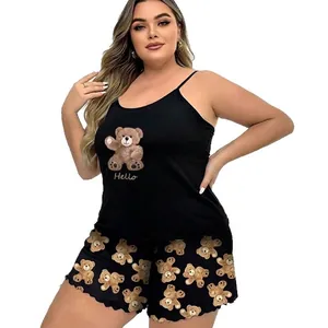 Comfortable women's plus size loungewear set featuring camisole and teddy bear print