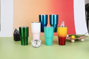 Close-up view of 30oz stainless steel vacuum insulated tumblers in assorted gradient colors.