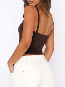 Back view detail of a chocolate brown Y2K crop camisole tank top on a female model.