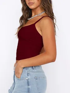 Detailed side view of a stylish burgundy Y2K spaghetti strap camisole tank top