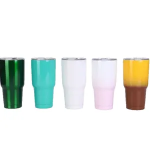 Set of five 30oz stainless steel vacuum tumblers in various colors with clear lids
