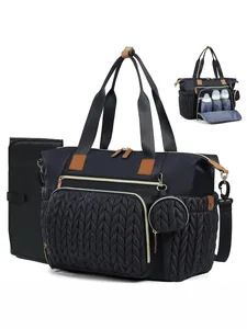 Quilted Polyester Diaper Bag Tote Large Capacity Travel Nappy Bag With Insulated Bottle Pockets For Newborn Hospital Baby Care