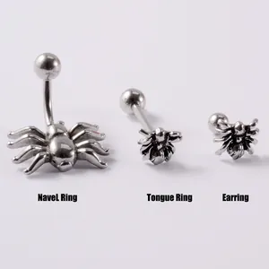 Set de joyas corporales de araña de acero con anillo para ombligo, lengua y oreja