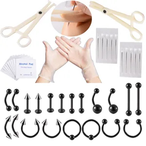 Umfassendes 44-teiliges Profi-Bodypiercing-Set mit schwarzem Schmuck und Werkzeugen