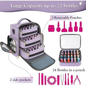 Vue détaillée de l'organisateur de vernis à ongles violet avec 3 pochettes amovibles, 72 flacons.