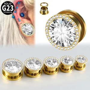 Solid G23 Titanium Pulley Ear Gauge Internal Thread Punk Body Piercing Zirconia Ear Expander Gold Plated Jewelry