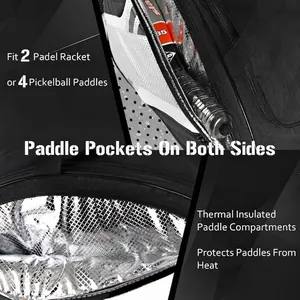 Detail view of thermal insulated pickleball bag compartments protecting paddles from heat.
