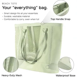 Large capacity waterproof mesh beach tote bag with top handle snap and durable design