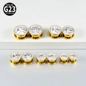 High-quality G23 titanium gold-plated ear tunnels with sparkling cubic zirconia inlay