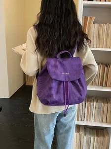 Lightweight purple checkered backpack for women, casual small travel daypack