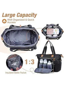 Large capacity black diaper bag with insulated bottle pocket and multiple compartments