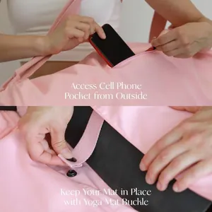 Detail der Yogatasche mit externer Handytasche und verstellbarer Mattenschnalle