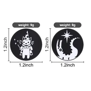 Detailed view of 1.2 inch round wizard cat and crocodile enamel pins weighing 9g each